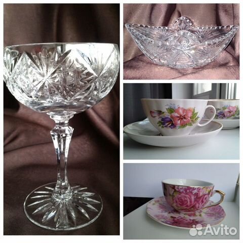 Вазы хрустальные, чайные пары Дулево и др