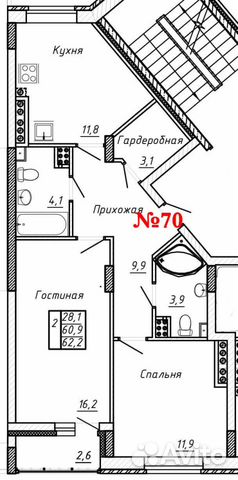 2-к квартира, 62.2 м², 6/6 эт.