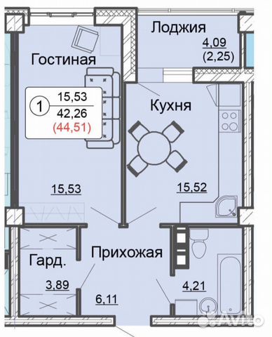 1-к квартира, 44.5 м², 4/19 эт.