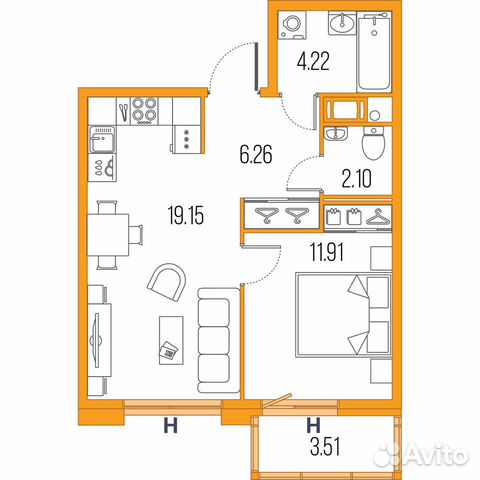1-к квартира, 43.6 м², 7/22 эт.