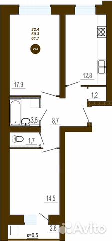 2-к квартира, 61.7 м², 9/9 эт. 2-к квартира, 61.7 м², 9/9 эт.