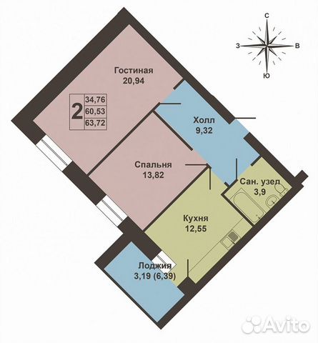 2-к квартира, 63.7 м², 3/10 эт. 2-к квартира, 63.7 м², 3/10 эт.