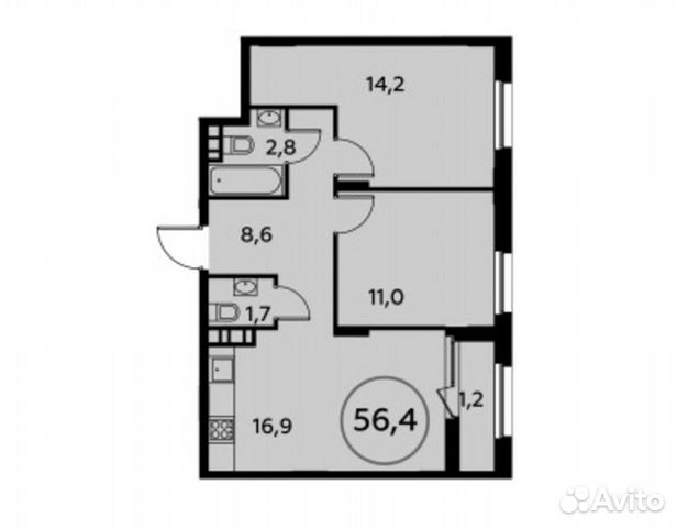 2-к квартира, 56.4 м², 6/16 эт.