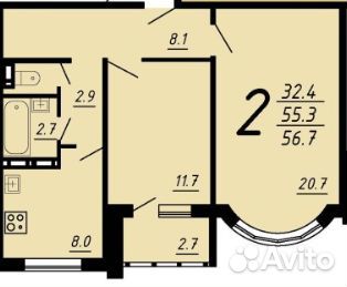 2-к квартира, 56.7 м², 3/10 эт. 2-к квартира, 56.7 м², 3/10 эт.
