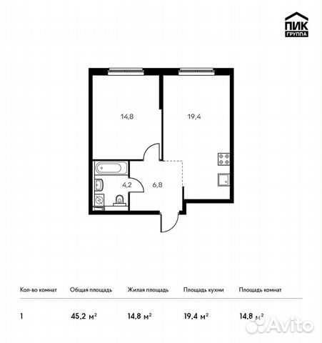 1-к квартира, 45.2 м², 7/23 эт. 1-к квартира, 45.2 м², 7/23 эт.