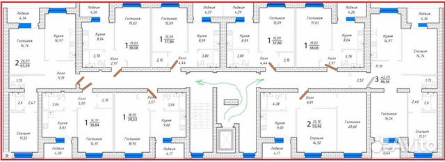 2-к квартира, 63 м², 7/10 эт.