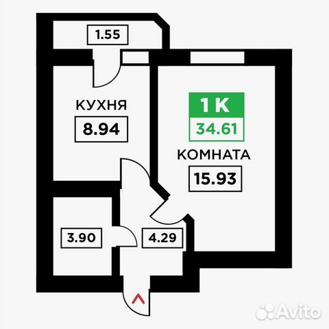 1-к квартира, 34.6 м², 4/9 эт.