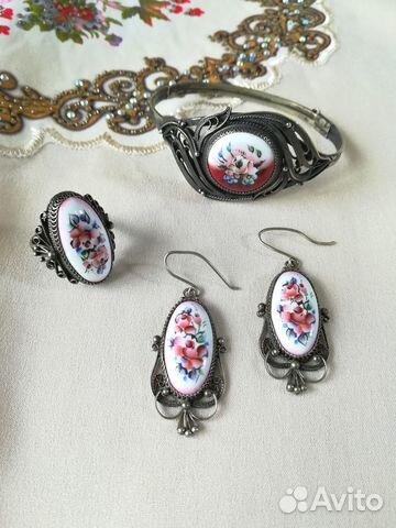 Гарнитур браслет серьги кольцо финифть СССР винтаж