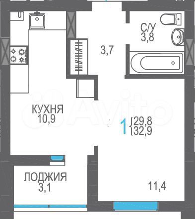 1-к. квартира, 32,9 м², 5/8 эт.