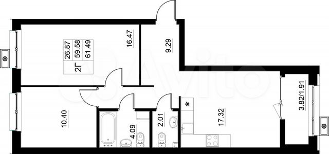 2-к. квартира, 61,5 м², 8/15 эт.