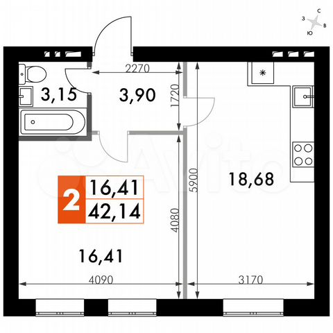1-к. квартира, 42,1 м², 4/4 эт.
