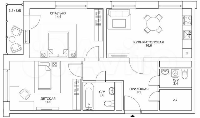 2-к. квартира, 65,4 м², 22/25 эт.