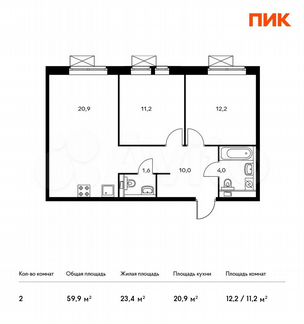 2-к квартира, 59.9 м², 17/22 эт.
