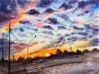 Картина акварелью «Городской закат. Облака»