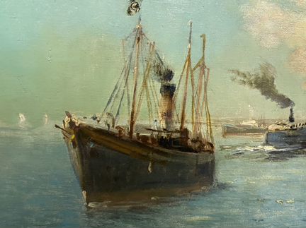 Картина холст масло, корабли в порту1930е