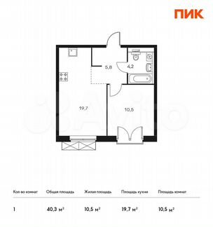 1-к квартира, 40.3 м², 5/24 эт.